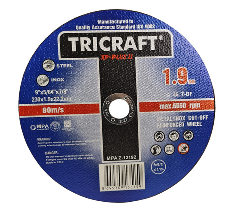 Tarcze do cięcia metalu 230 x 1,9 x 22,2 mm TRICRAFT XP-PLUS II 30szt