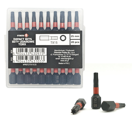Bity udarowe 4PRO magnetyczne 25mm 1/4" TORX15 - 20 szt