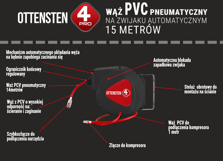 Wąż pneumatyczny PVC zwijak na bębnie bęben 15m PVC 4PRO 1/4" 6,5mm x 10mm