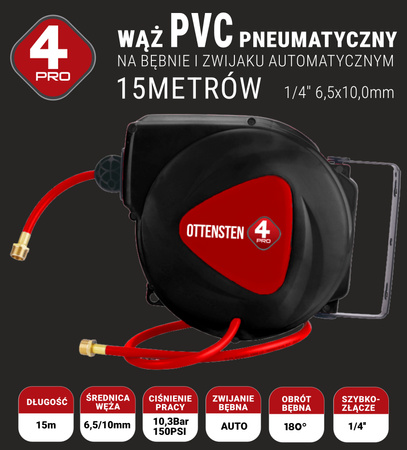 Wąż pneumatyczny PVC zwijak na bębnie bęben 15m PVC 4PRO 1/4" 6,5mm x 10mm